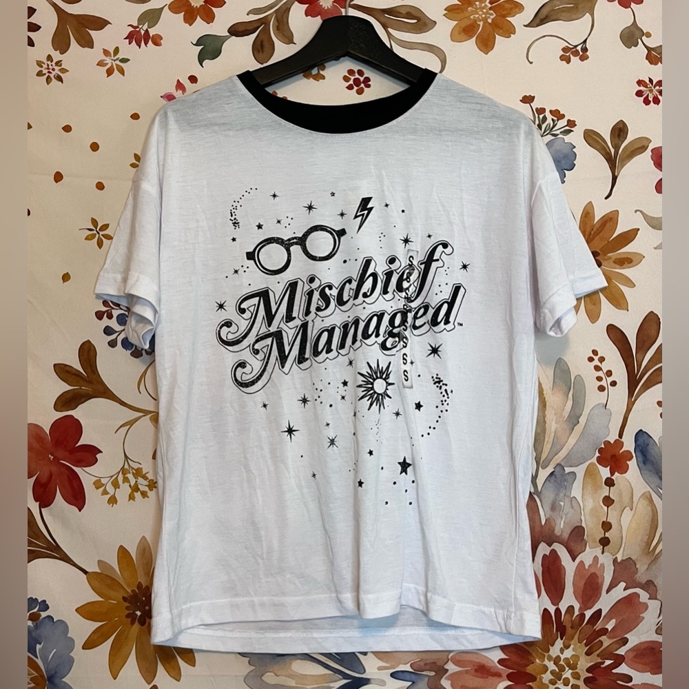 NWT Harry Potter Women’s S Sheer Mischief Managed White Black Graphic Casual Tee